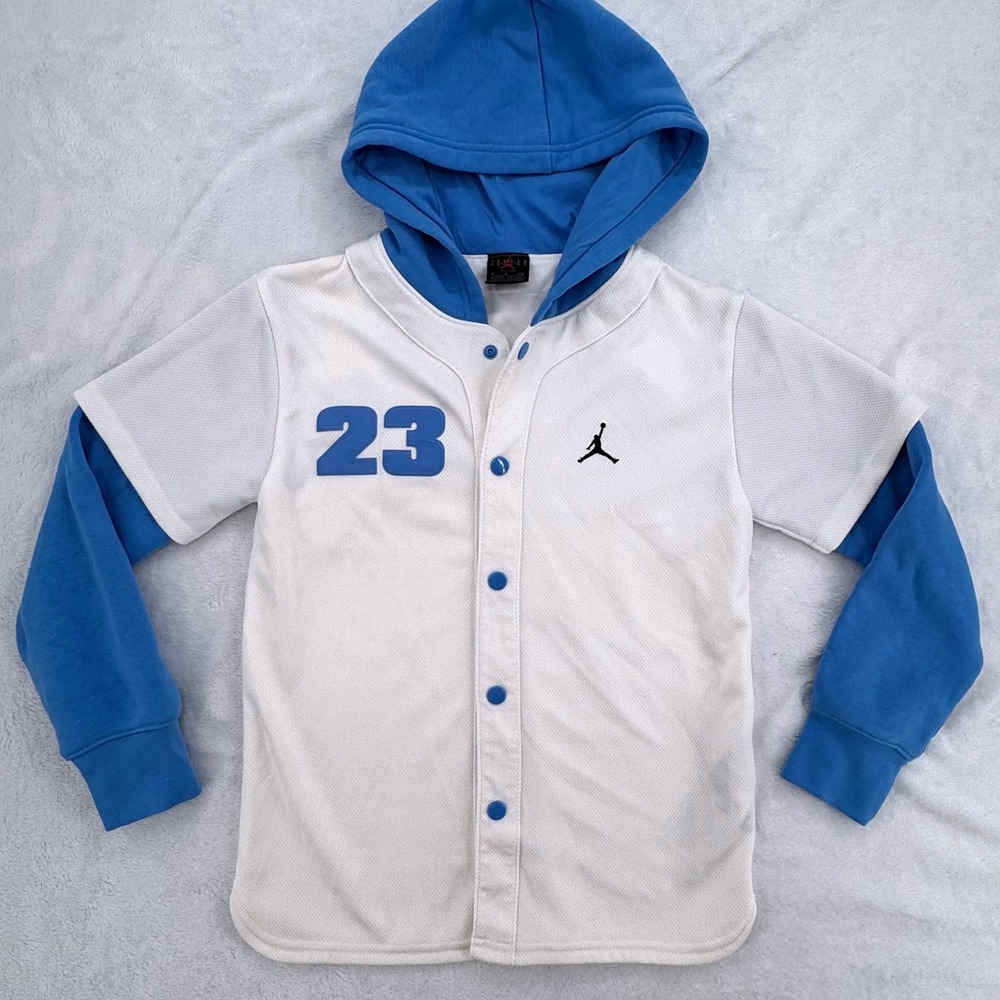 Nike Jordan Kids Hooded Jumpman Jersey Layered Pullover White/Blue Sz Small 8-10